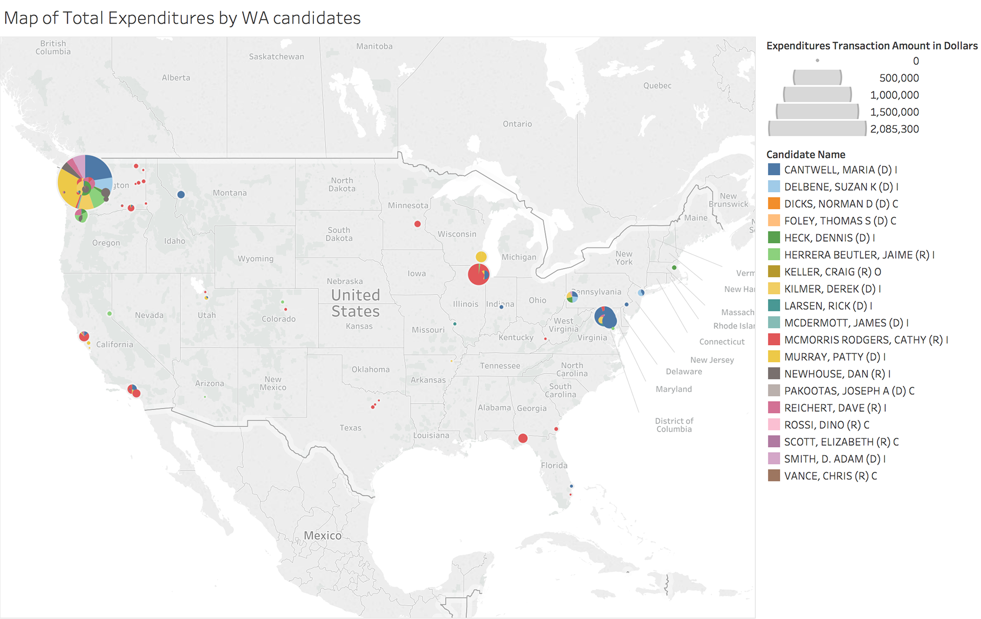 Map of Total Expenditures by WA Candidates